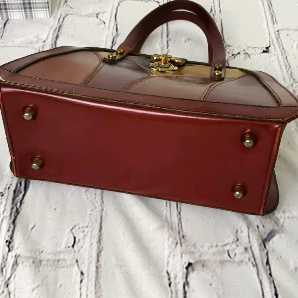 Vintage Leather Patched Satchel Handbag Browns Mid Century